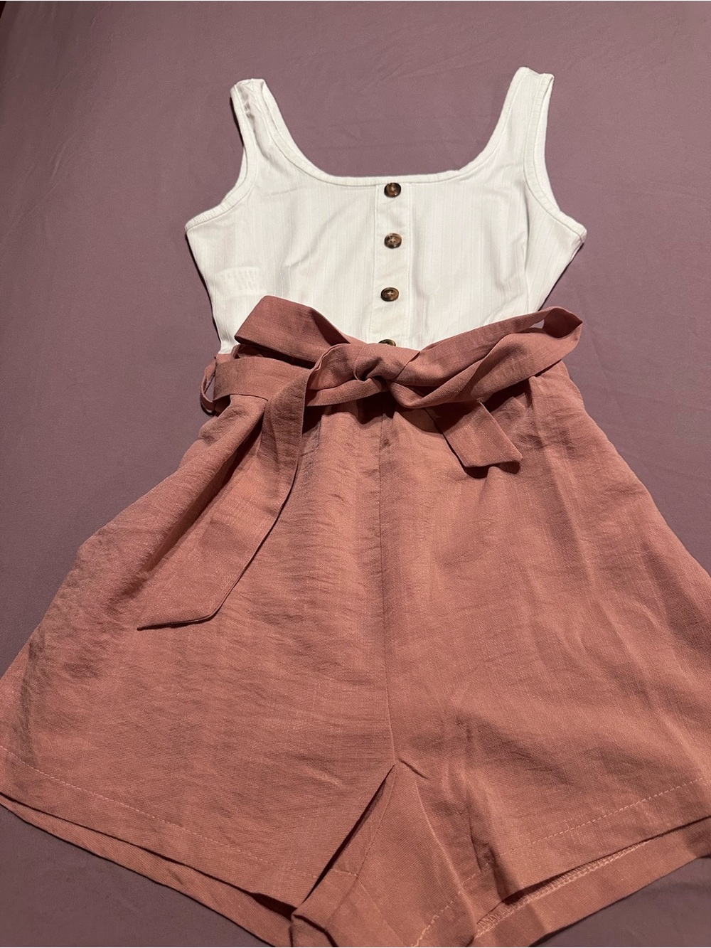 Ladies White Button Tank Romper with Dusty Rose Tie-Waist Shorts, Small, New